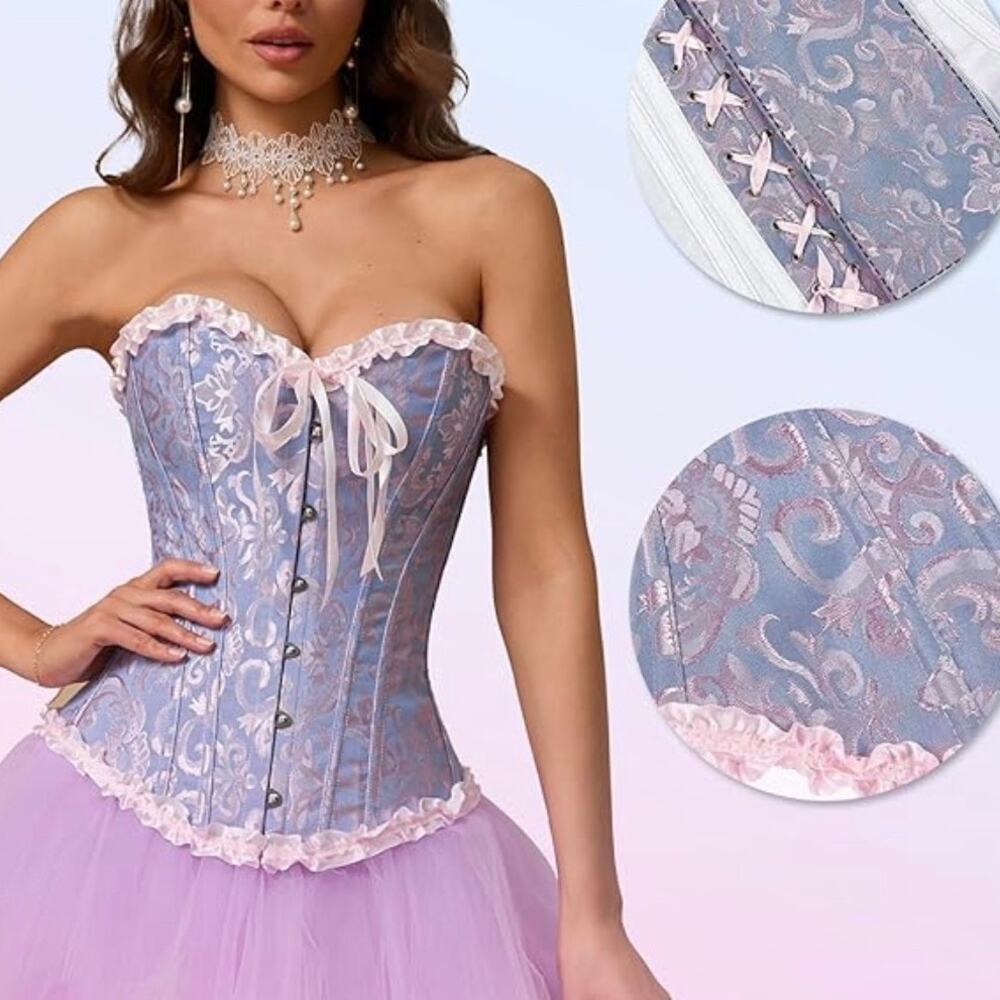 Overbust Corset Blue & Pink Iridescent Brocade Ren Faire Cosplay Size Large